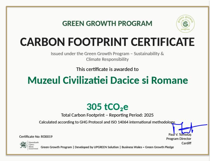 Certificare internațională „Carbon Footprint Certificate”, emisă în cadrul Green Growth Program – Sustainability & Climate Responsibility